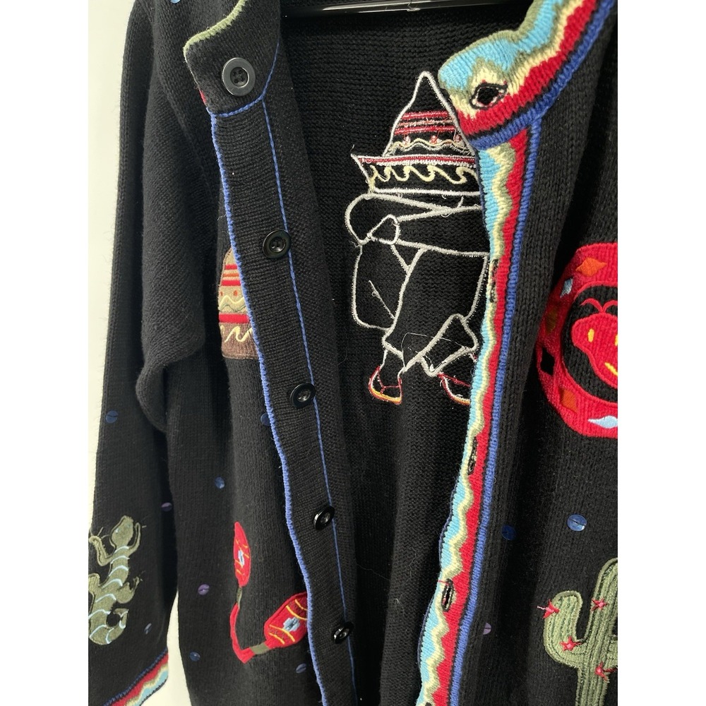 Quacker Factory Womens Southwestern Cardigan Sweater Black Embroidered Cactus M - Picture 11 of 11